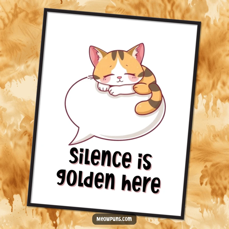 Funny Calico Cat Digital Art Print, a content cat snoozes on a giant speech bubble, offering instant humorous decor.