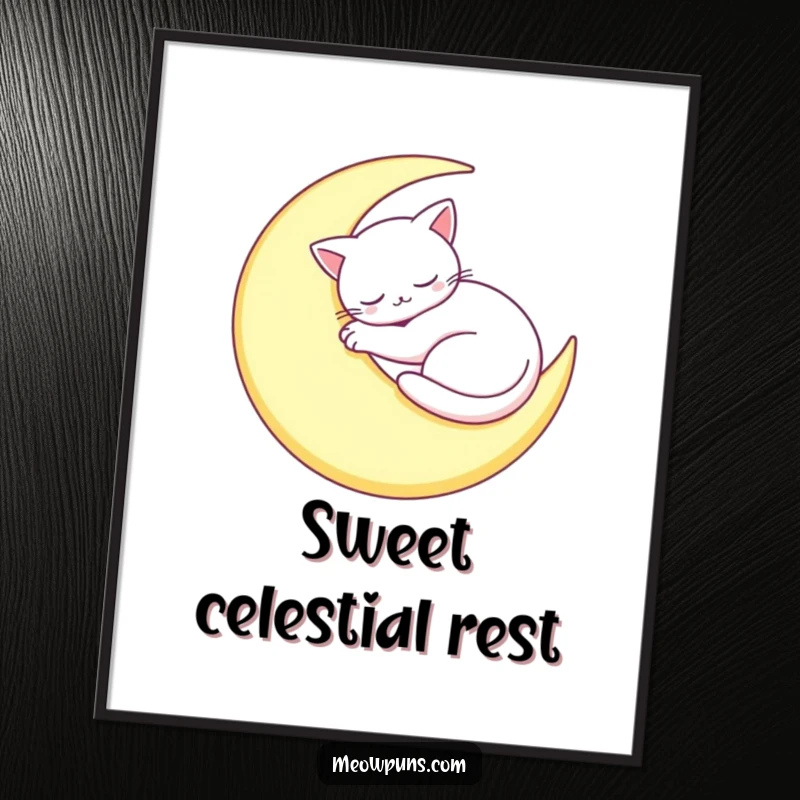 Funny Sleepy Cat Moon Digital Art: A cat sleeps curled on a moon, offering instant serene humor.