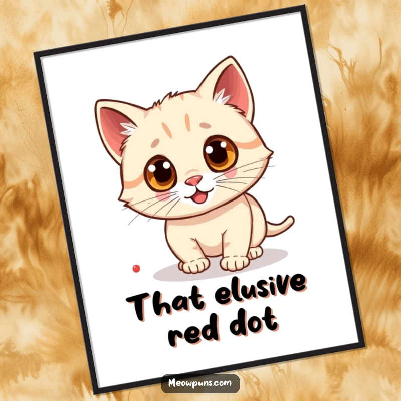 Funny cat digital art print showcasing a cat with comically large googly eyes, frantically chasing a bright red laser pointer dot.