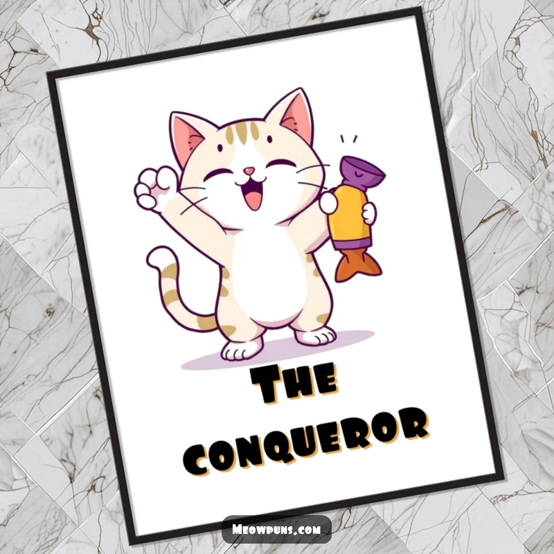 Funny cat digital art print of a cute cat in a triumphant pose with a toy, perfect for celebratory decor.