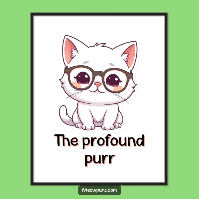 Funny Cat Glasses Art Print: White Cat Thinking Decor, Whimsical Intellectual Gift