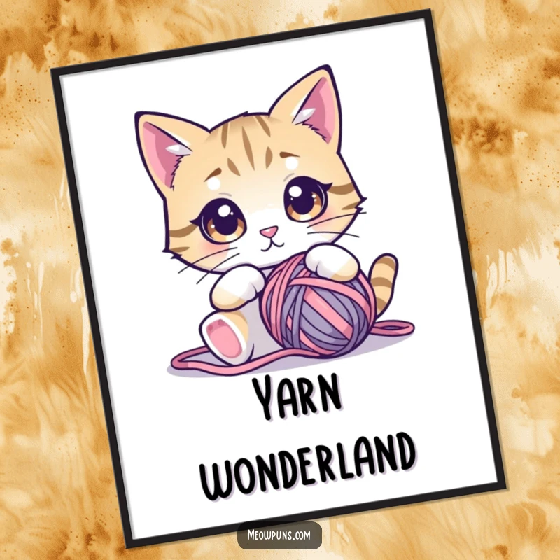 Funny cat digital art print of a cute cat with wide, mesmerized eyes fixated on a ball of yarn, for cozy decor.