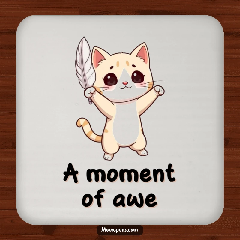 Funny Cat Coaster: Chic illustration of a cat in a dramatic pose with a gracefully floating feather.