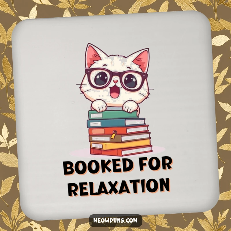 Funny drink coaster with a surprised cat wearing glasses and tumbling books, providing academic-themed surface protection.