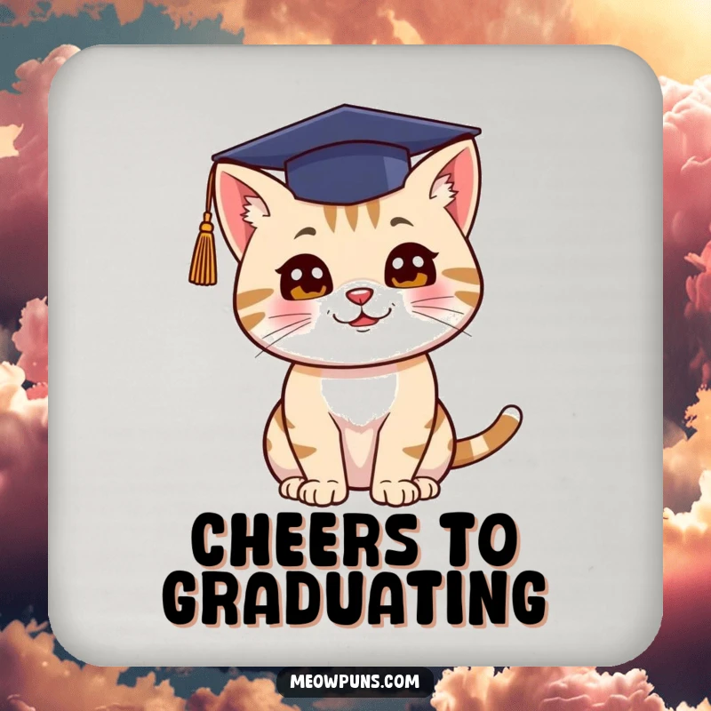 Funny coaster featuring a cat in a graduation cap throwing it up, symbolizing achievement and humor.