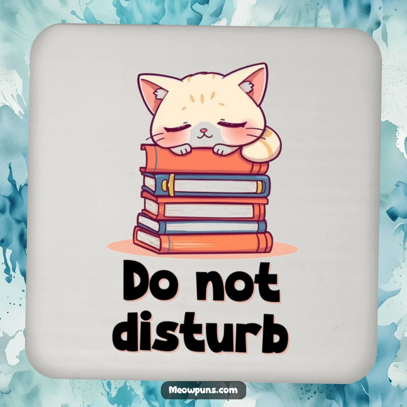 Funny drink coaster featuring a sleepy cat character napping on a stack of books, adding humor and protection to coffee tables.