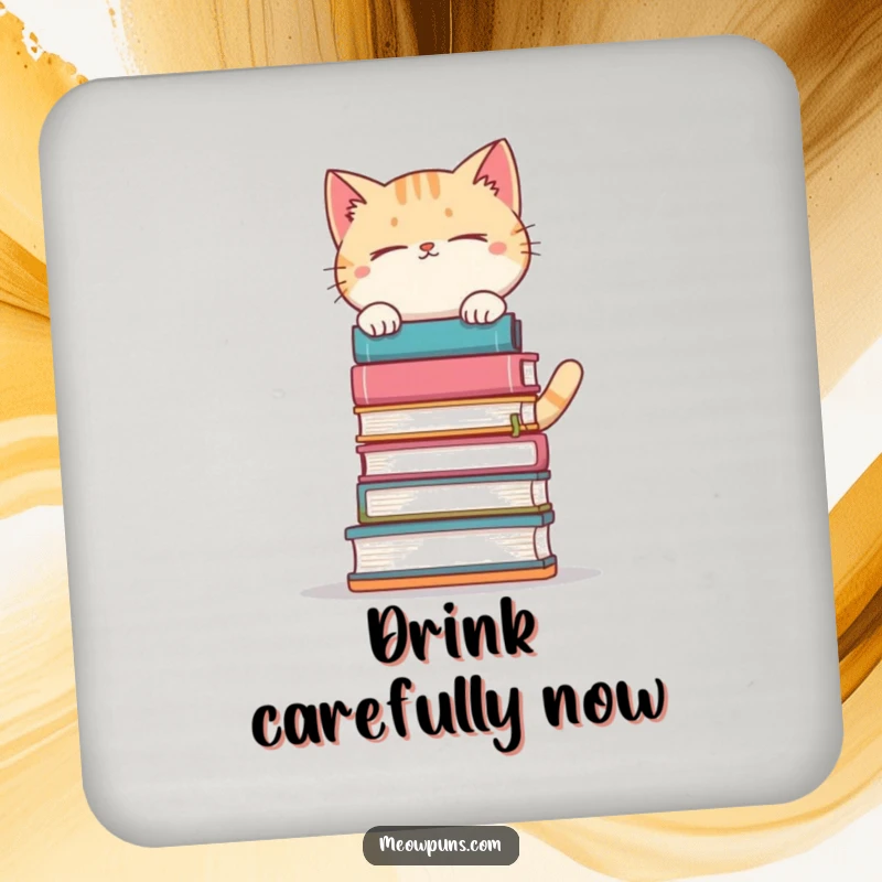 Funny cat precariously balancing a stack of books on a drink coaster, adding literary charm to tabletops.