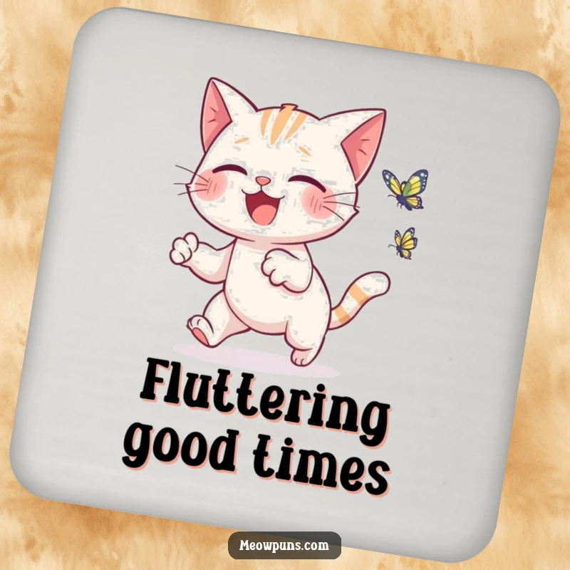 Funny cat coaster showing a cute cat joyfully chasing a tiny, animated butterfly, protecting surfaces with charm.