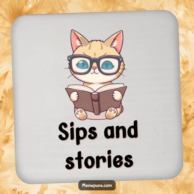Funny cat wearing large glasses reading a book on a drink coaster, adding intellectual charm to tabletops.