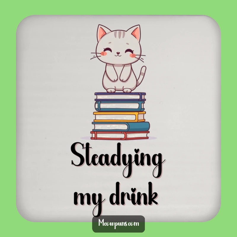 Funny Cat Coaster: Grey Cat Balancing Books, Protects Surfaces, Humorous Gift