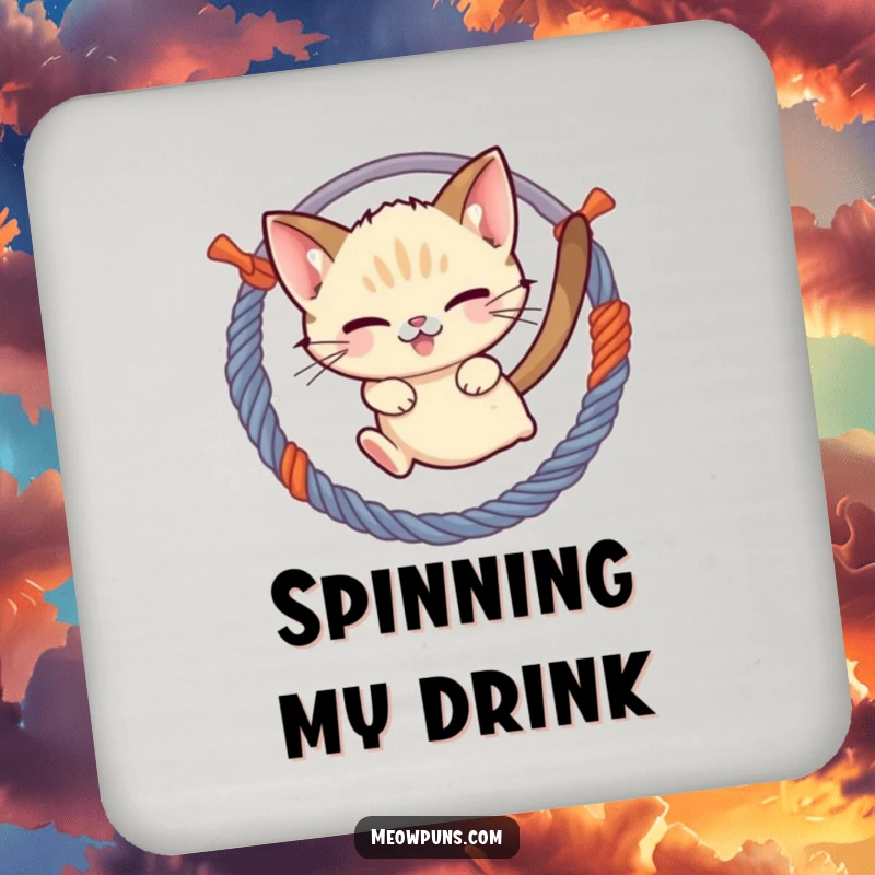 Funny mischievous Siamese cat jumping through a hoop of yarn, on a protective drink coaster, adding a playful and dynamic element.