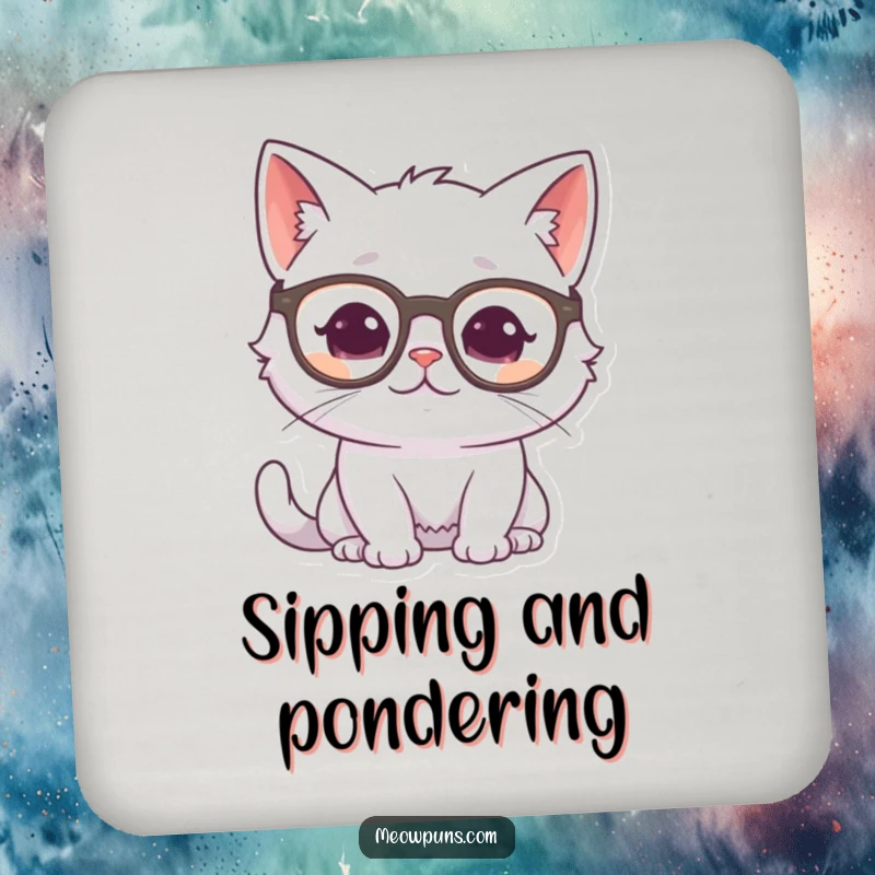 Funny white cat wearing glasses and looking thoughtful, on a protective drink coaster, adding an intellectual and humorous touch.