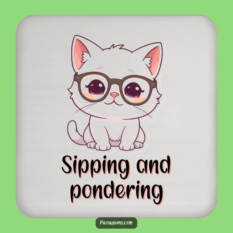 Funny Cat Coaster: White Cat Glasses, Protects Surfaces, Humorous Gift