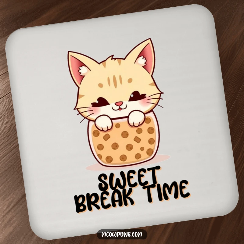 Funny Cat Coaster: Adorable illustration of a cat with a mischievous grin peeking out from a cookie jar.
