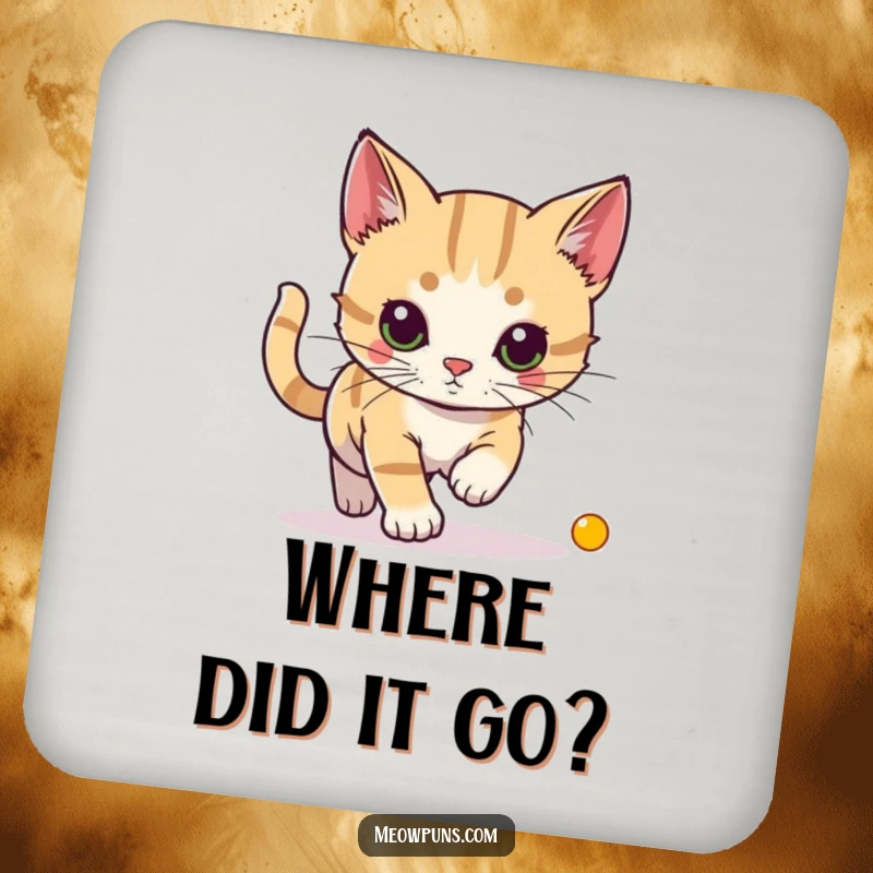 Funny drink coaster with a cat intensely chasing a laser pointer dot, protecting surfaces with focused humor.