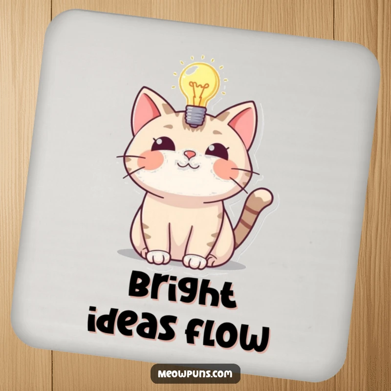 Funny coaster featuring a cat with a glowing lightbulb, a funny symbol of a bright idea.