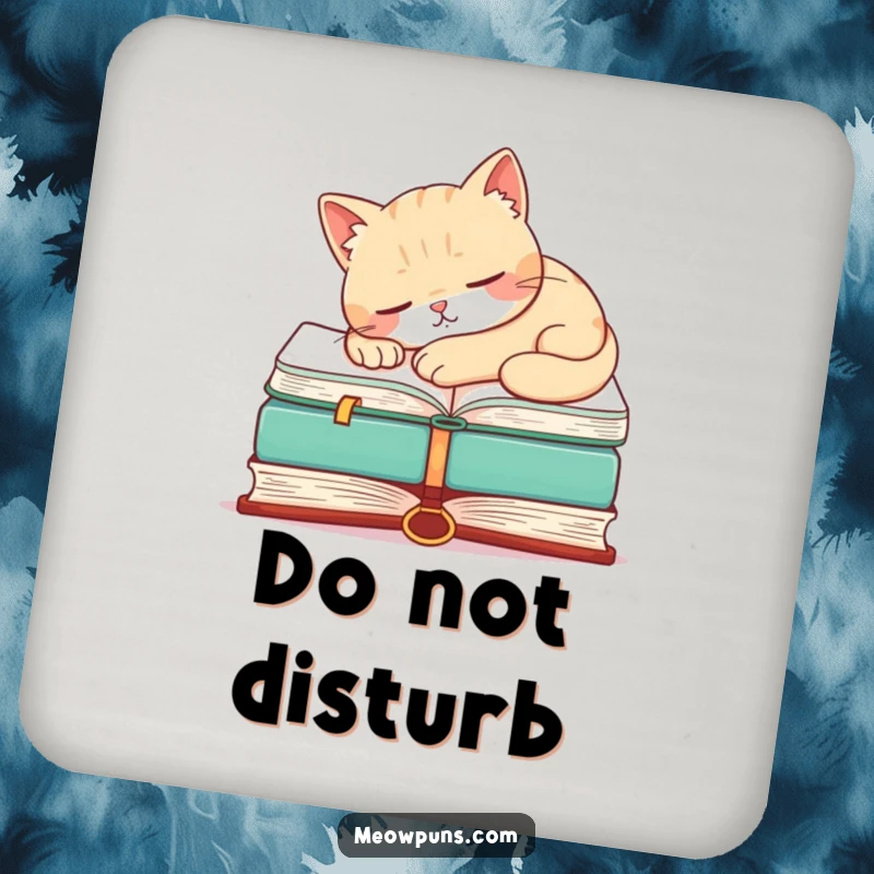 Funny coasters set featuring a sleeping cat on a book, providing humorous protection for furniture surfaces.