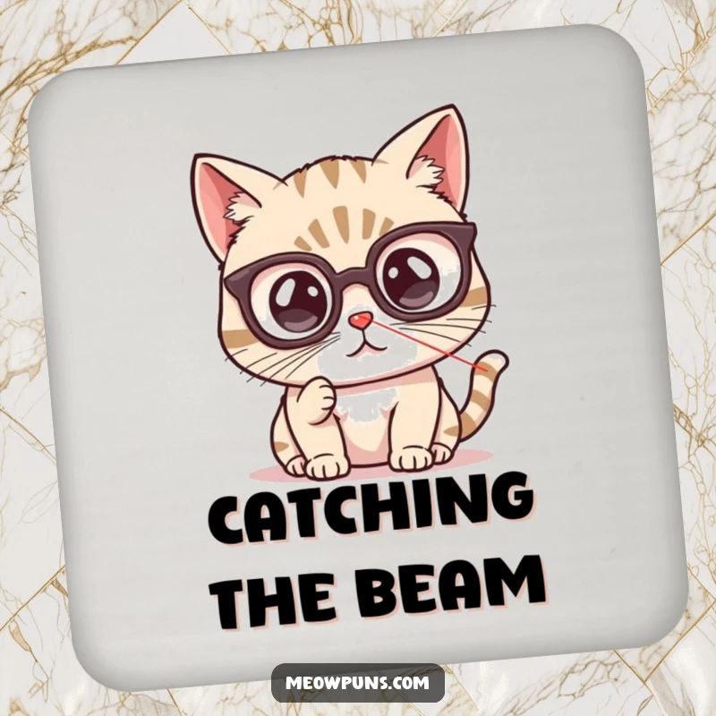 Funny cat coaster depicting a cute cat wearing spectacles, intently watching a red laser pointer dot, guarding surfaces from drinks.