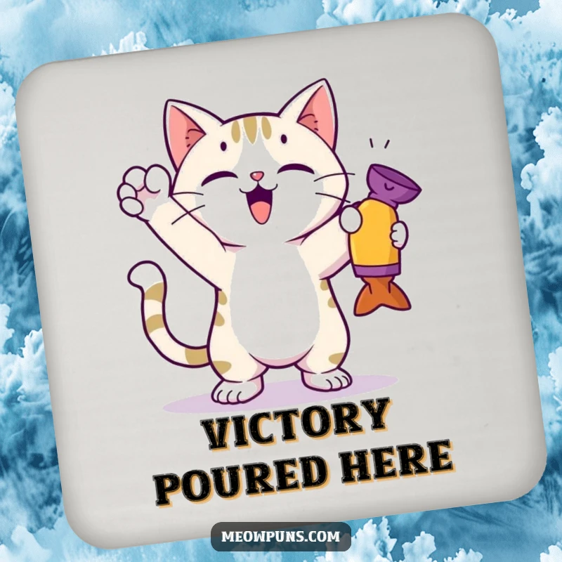 Funny cat coaster featuring a cute cat in a triumphant pose holding a toy, protecting surfaces with pride.