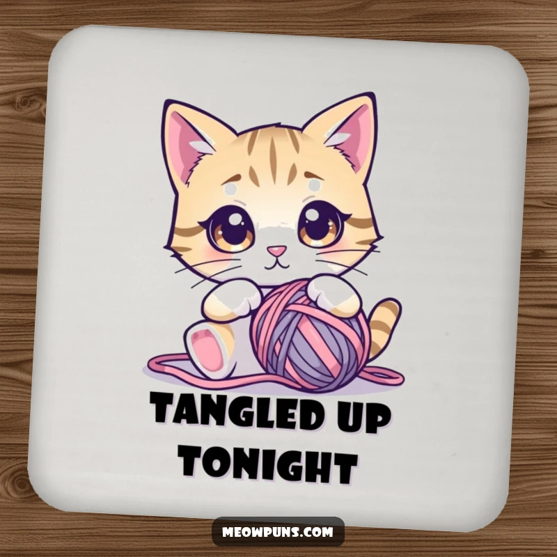 Funny cat coaster featuring a cute cat with mesmerized eyes staring at a ball of yarn, protecting surfaces.