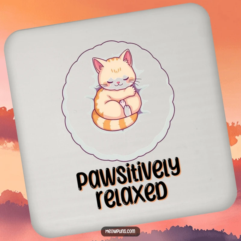 Funny drink coaster with a cat purring on a plush letter, adding humorous cozy protection to surfaces.