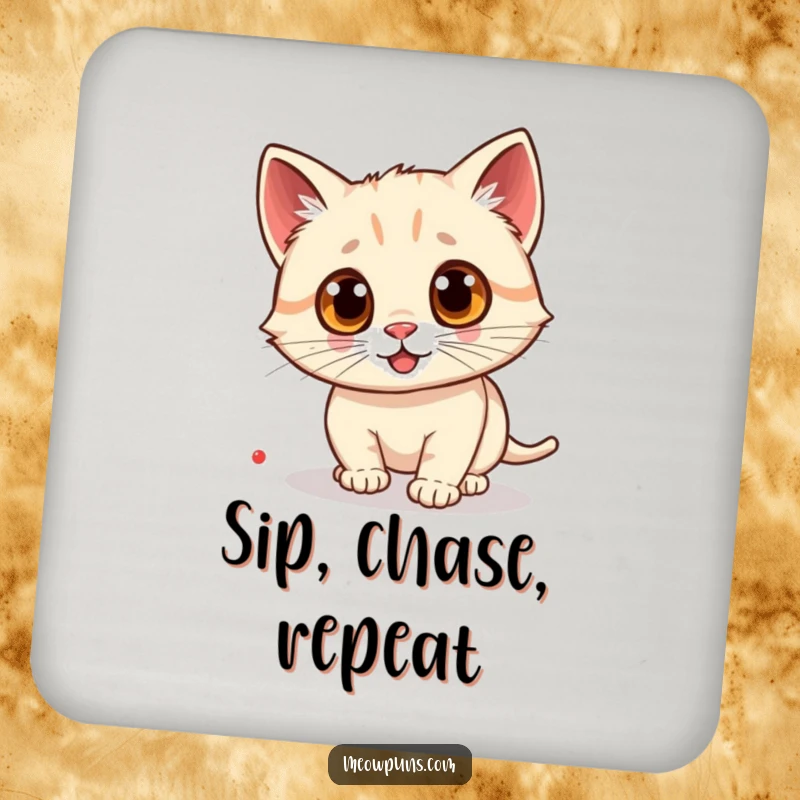Funny cat coaster featuring a cat with big googly eyes, intently chasing a red laser pointer dot, offering surface protection.