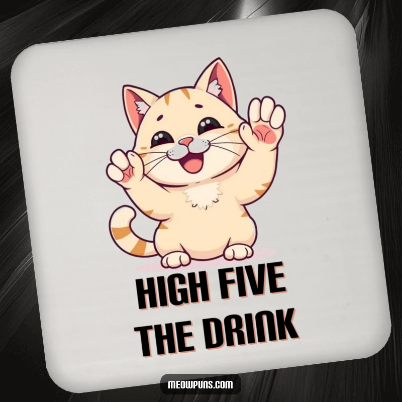 Funny High Five Cat Coasters: A cat gives a high five, protecting surfaces with humorous celebration.