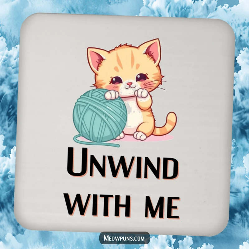 Funny drink coaster with a playful kitten batting a giant letter-shaped yarn ball, providing playful and educational surface protection.