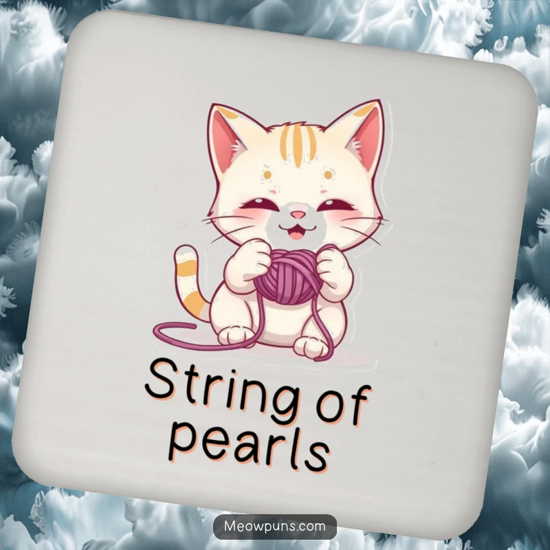 Funny drink coaster illustrating a mischievous cat playfully tangled in yarn, adding humor and protecting surfaces.