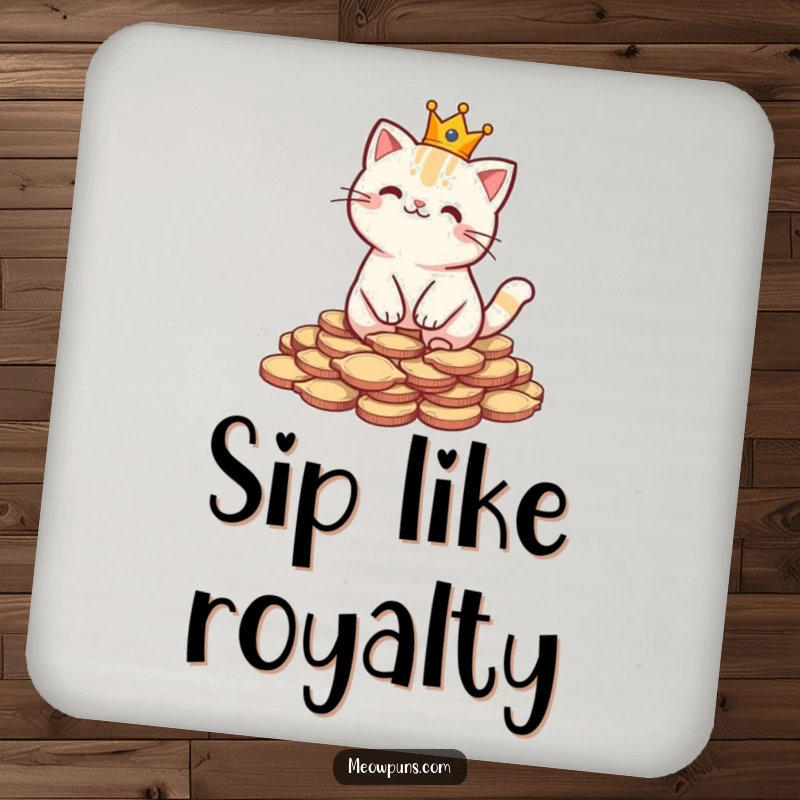 Funny drink coaster with a cat wearing a crown on fish-shaped coins, adding humorous royal protection to surfaces.