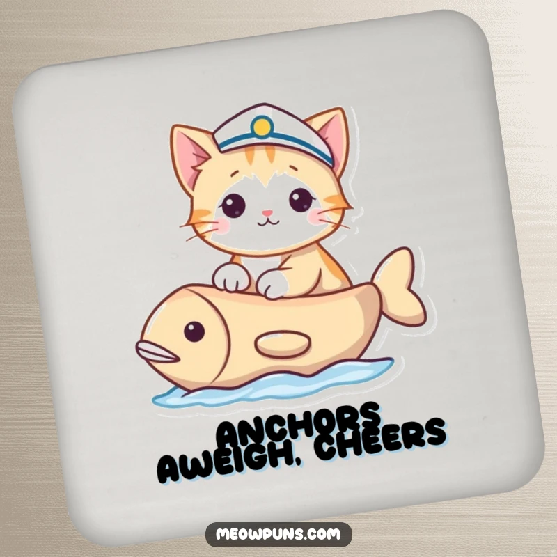 Funny drink coaster with a cat in a sailor hat sailing a fish-shaped boat, adding humorous nautical protection to surfaces.