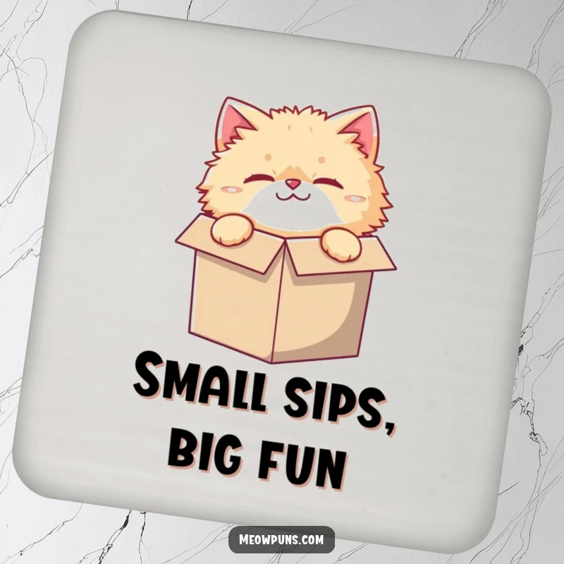 Funny drink coaster featuring a fluffy cat character, curiously peeking from a comically small box, for surface protection.