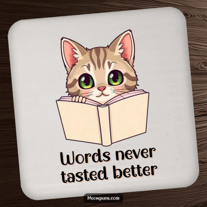 Funny Tabby Cat Coaster, a curious tabby cat peeks from behind a dictionary, offering smart and humorous protection.