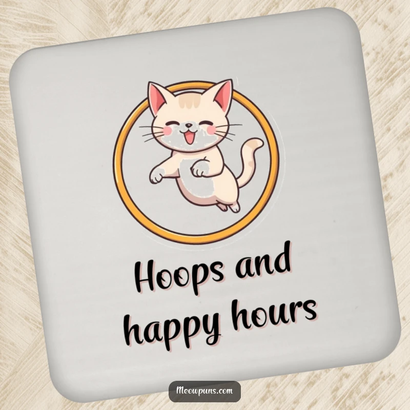 Funny cat coaster depicting a cat jumping through a stylized M hoop, offering both protection and a humorous visual.