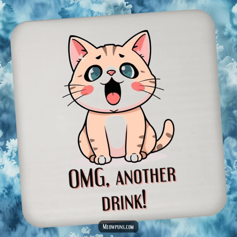 Funny Astonished Cat Coasters: An astonished cat with an exclamation mark, protecting surfaces with humorous surprise.