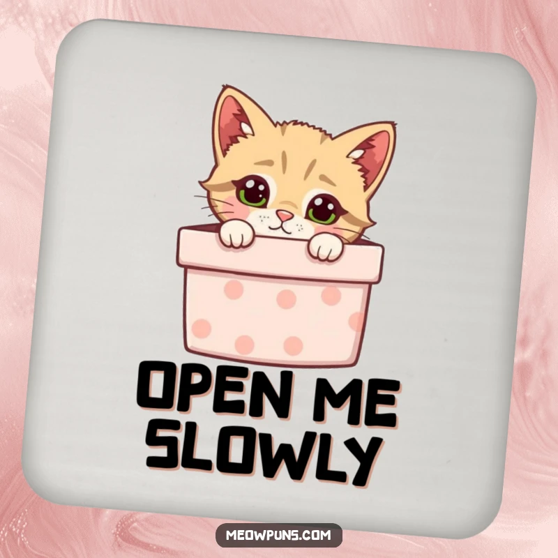 Funny coasters set with a curious cat peeking from a gift box, offering humorous surface protection.