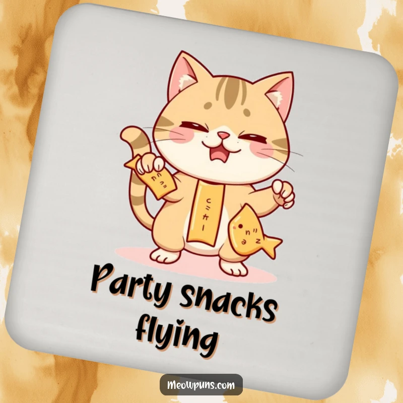 Funny drink coaster with a mischievous cat juggling three fish-shaped crackers, offering surface protection with snack-time silliness.
