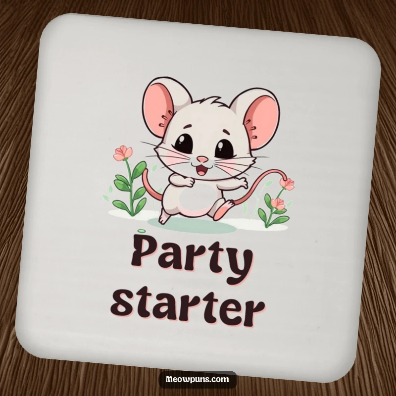 Funny drink coaster featuring a mischievous catnip mouse character, leading a tiny chase, for playful surface protection.