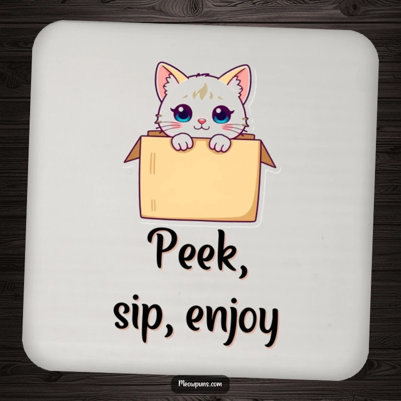 Funny curious cat character peeking from a box, providing humorous protection for surfaces on this coaster.