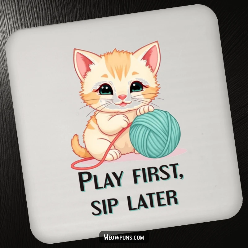 Funny drink coaster with a playful kitten batting at a ball of yarn, protecting surfaces with cute charm.