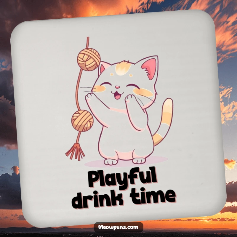 Funny cat playfully batting at a yarn ball on a drink coaster, adding playful charm to tabletops.