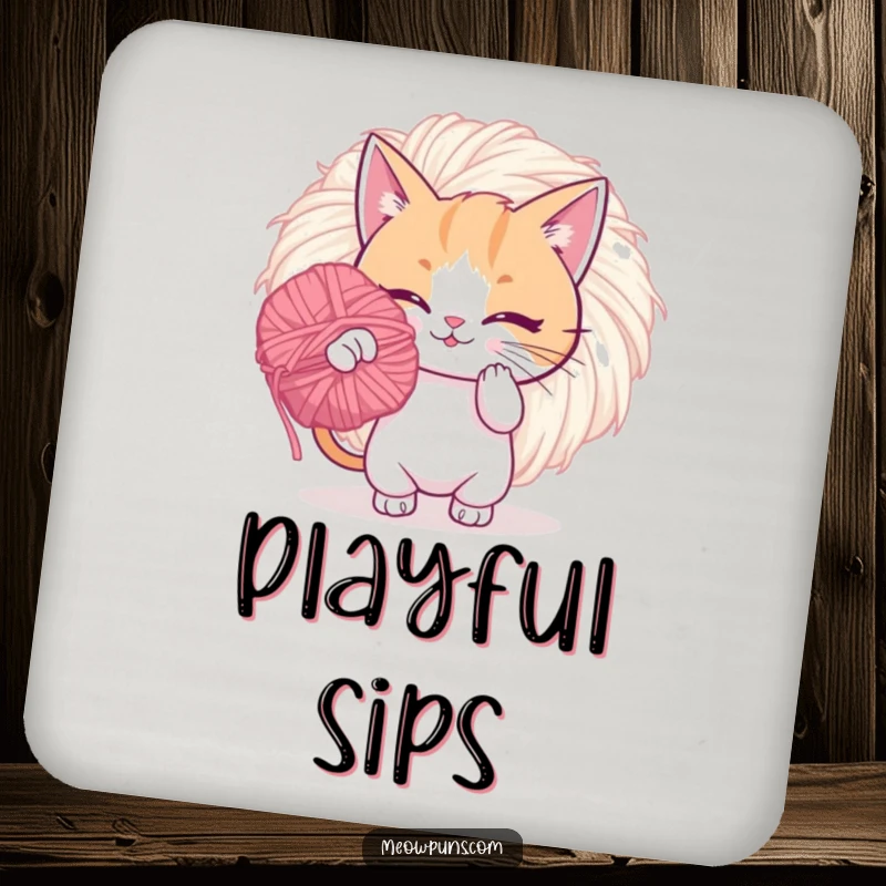 Funny drink coaster featuring a playful cat batting a giant, fuzzy yarn pom-pom, protecting surfaces with feline charm.