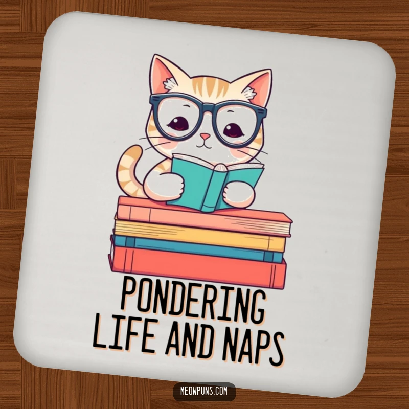 Funny drink coaster with a cute cat wearing reading glasses on books, protecting surfaces with literary-themed humor.