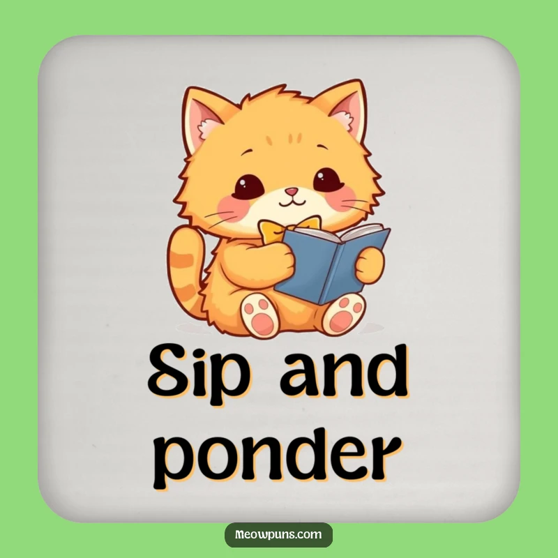 Funny Cat Coaster: Orange Cat Bookworm Decor, Protects Surfaces, Humorous Gift