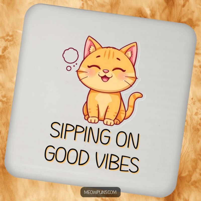 Funny Ginger Cat Coaster, a happy ginger cat has a small thought bubble, offering cheerful surface protection.