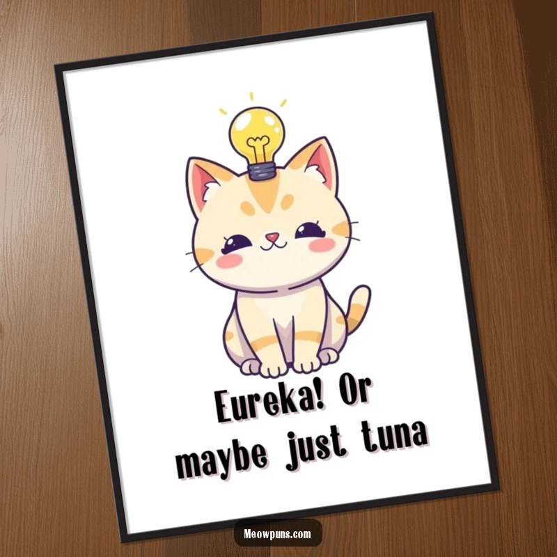 Funny poster art of a cat with a glowing lightbulb overhead, representing a moment of inventive genius and humor.
