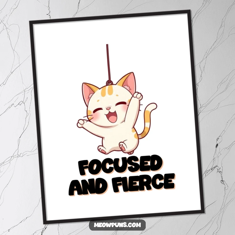 Funny Cat Pounce Poster, illustrating a cat in mid-air, dynamically pouncing on a dangling string, full of playful mischief.