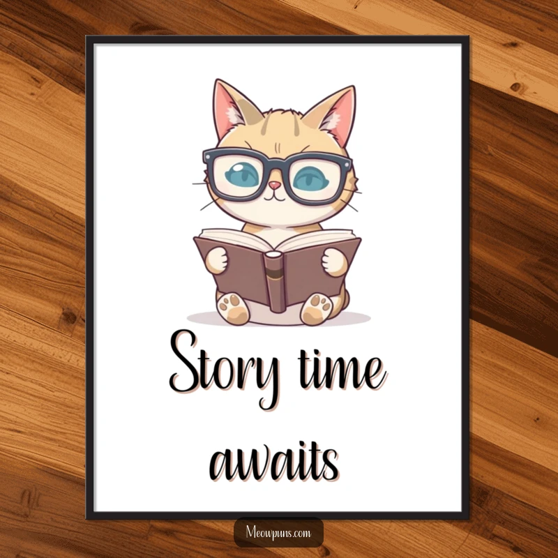 Funny cat wearing huge glasses reading a book on a poster, adding literary charm and humor to wall decor.