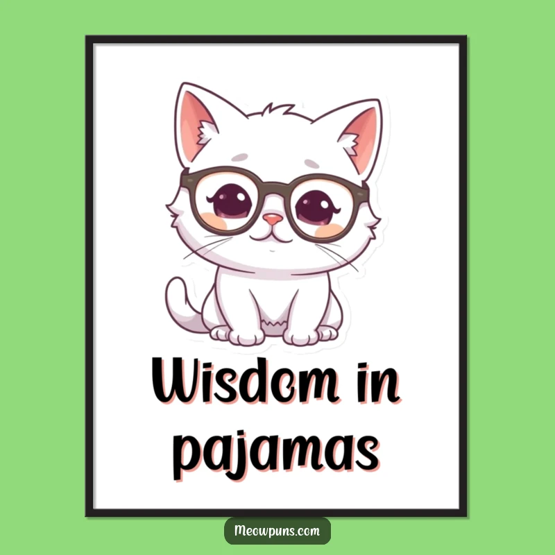 Funny Cat Glasses Poster: White Cat Thinking Art, Whimsical Intellectual Gift