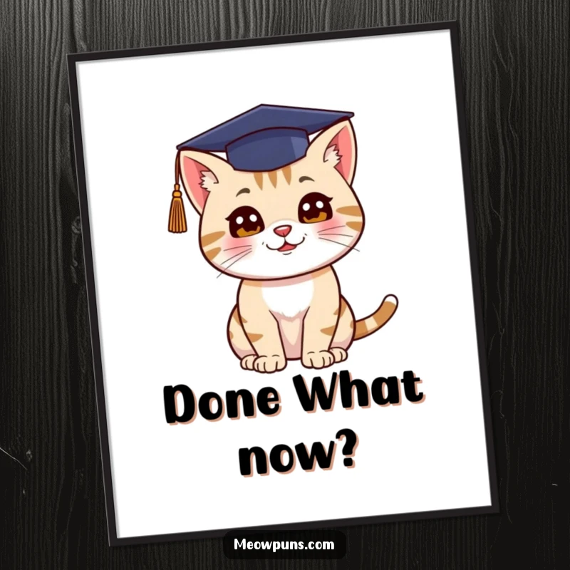 Funny poster print of a cat wearing a graduation cap and joyfully tossing it upwards in celebration.